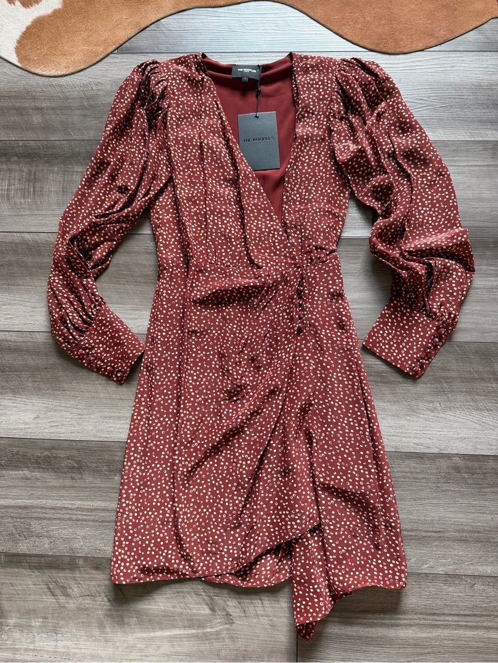 The kooples Wrap-Style Burgundy Polka Dot Dress size 1